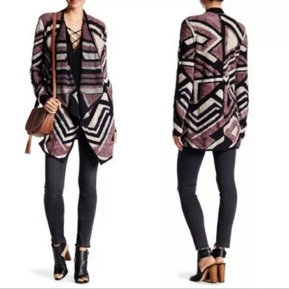 Lucky Brand Sweater Intarsia Knit Cardigan Open Front Black Purple Size Medium - Picture 1 of 12